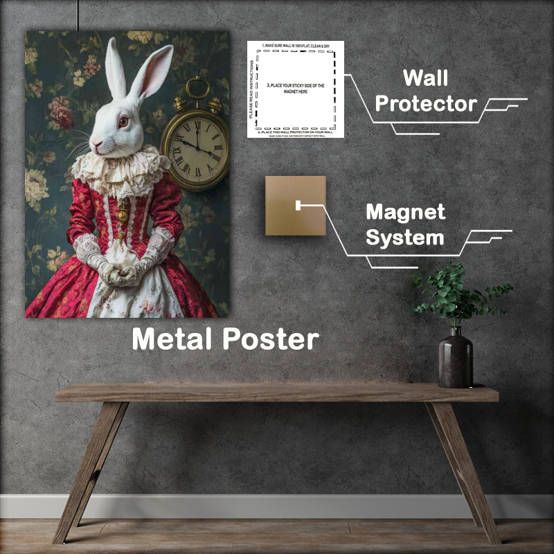 Buy Metal Poster : (white rabbit dressed in victorian with clock)
