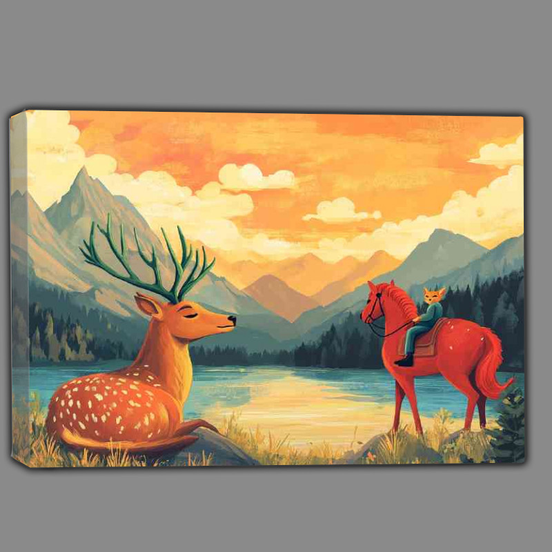 Buy Canvas : (Deer with green antlers resting by the lake)