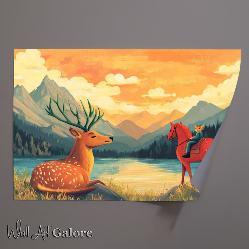 Buy Unframed Poster : (Deer with green antlers resting by the lake)