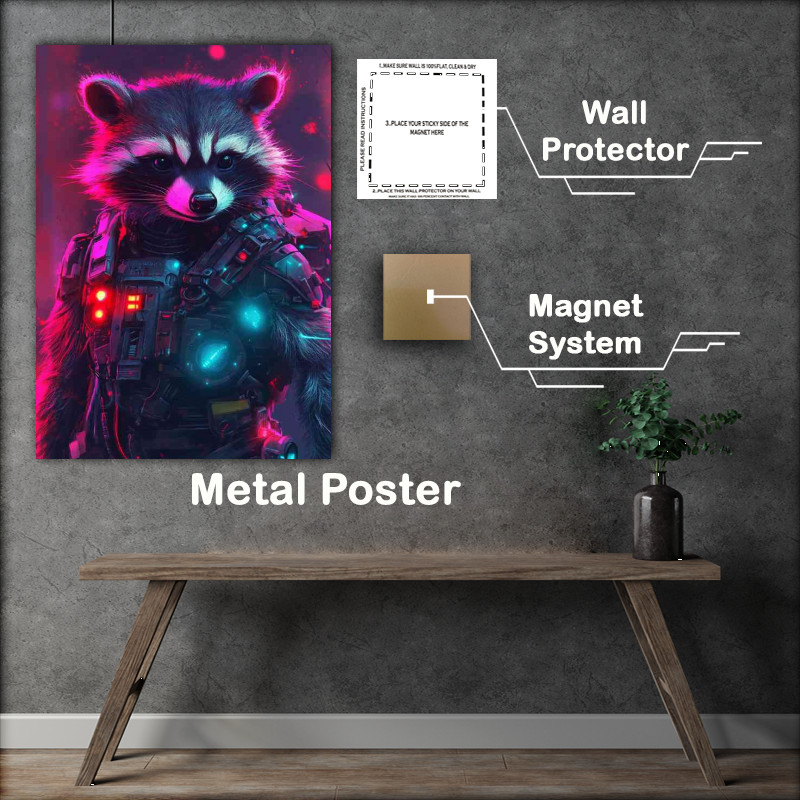 Buy Metal Poster : (A cute cyberpunk rocket raccoon wearing intricate details)