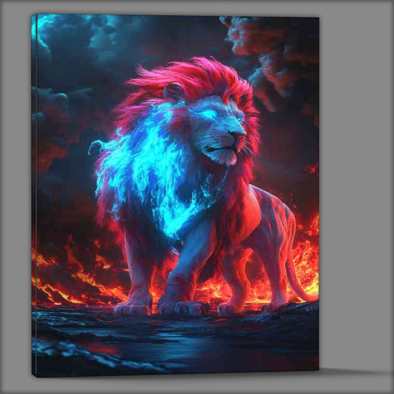 Buy Canvas : (A glowing neon red and blue lion)