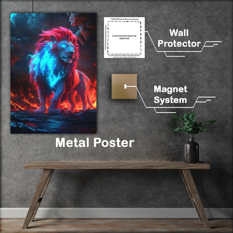 Buy Metal Poster : (A glowing neon red and blue lion)
