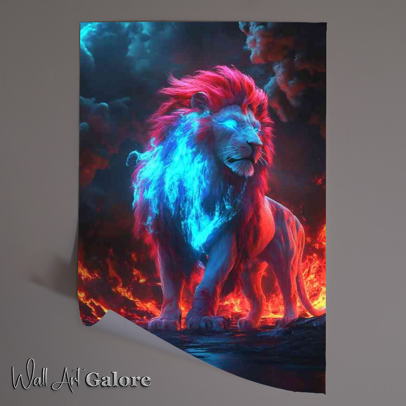 Buy Unframed Poster : (A glowing neon red and blue lion)