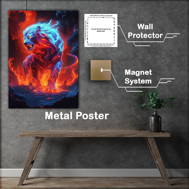 Buy Metal Poster : (A glowing neon red and blue lion with fire in the background)