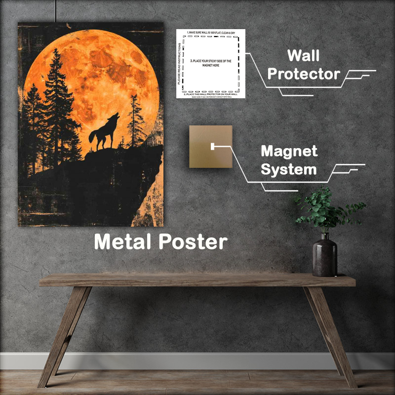Buy Metal Poster : (A large orange moon setting behind tall trees and the wolf)