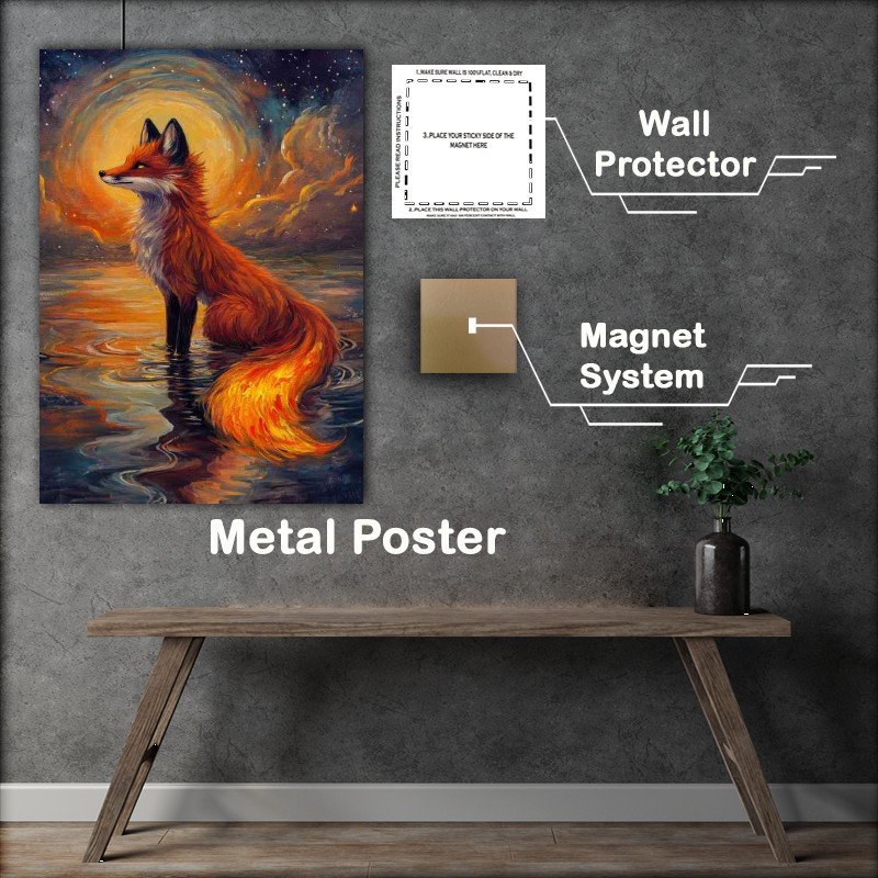 Buy Metal Poster : (A red fox with orange fur sits in the water with a glowing tail)