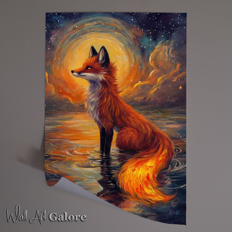 Buy Unframed Poster : (A red fox with orange fur sits in the water with a glowing tail)