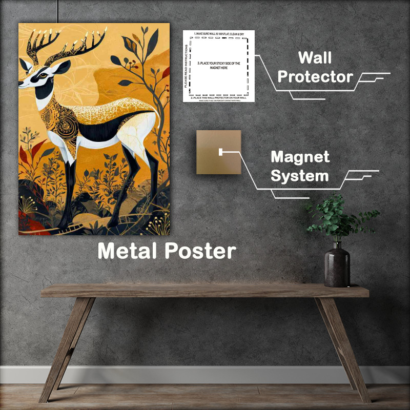 Buy Metal Poster : (Antelope with golden patterns leaf trees)