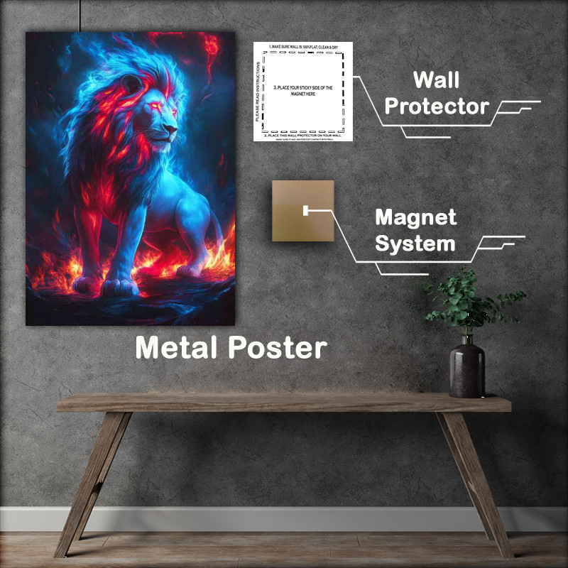 Buy Metal Poster : (Glowing neon red and blue lion with fire)