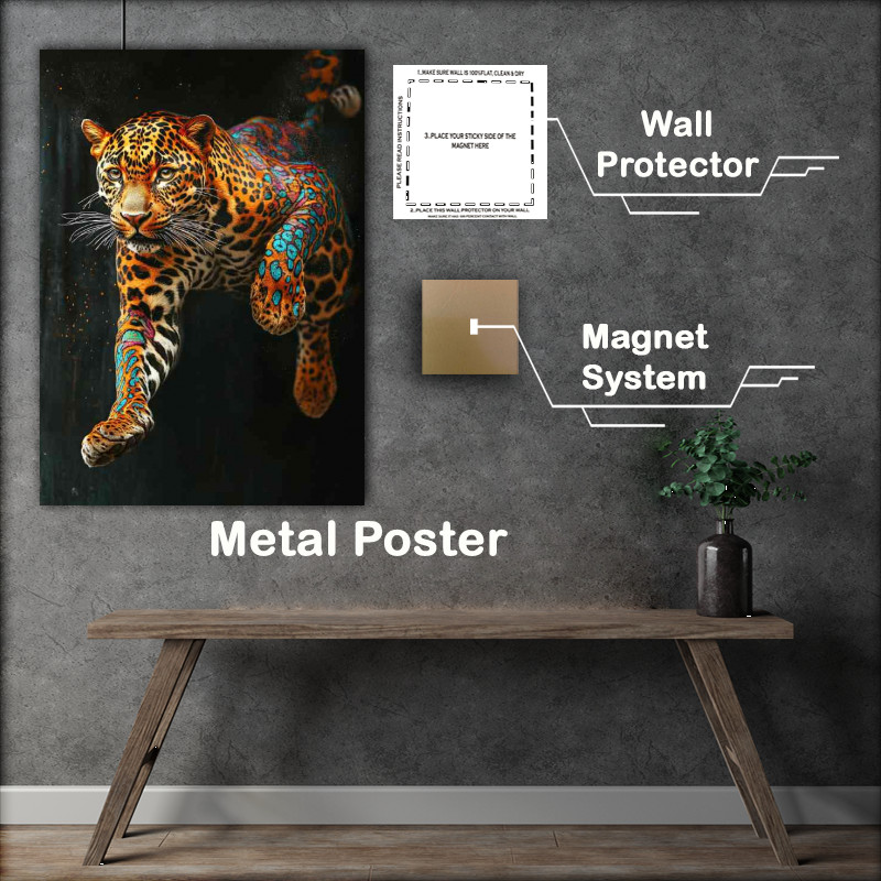 Buy Metal Poster : (Leaping leopard a full body portrait with colorful)
