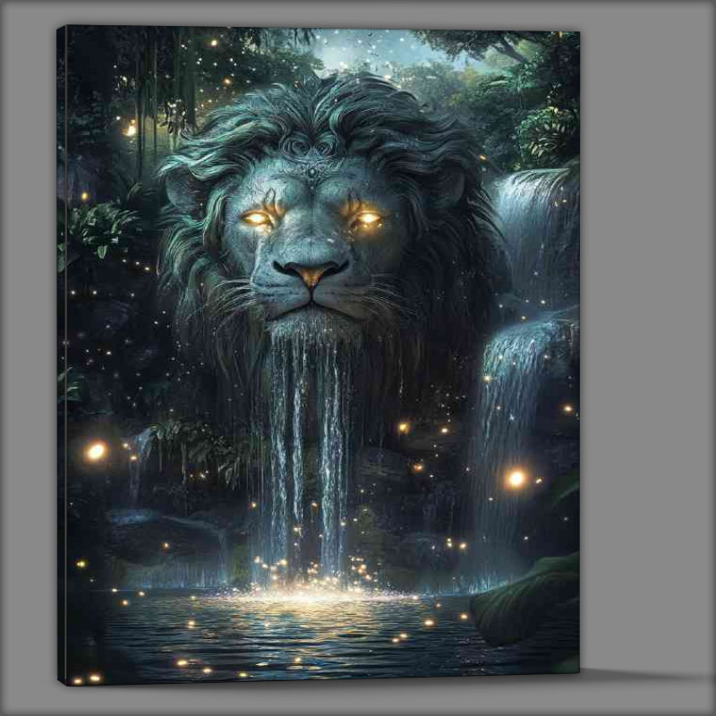 Buy Canvas : (Majestic lion statue with intricate details and glowing eyes)
