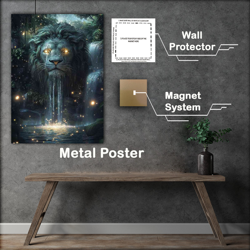 Buy Metal Poster : (Majestic lion statue with intricate details and glowing eyes)
