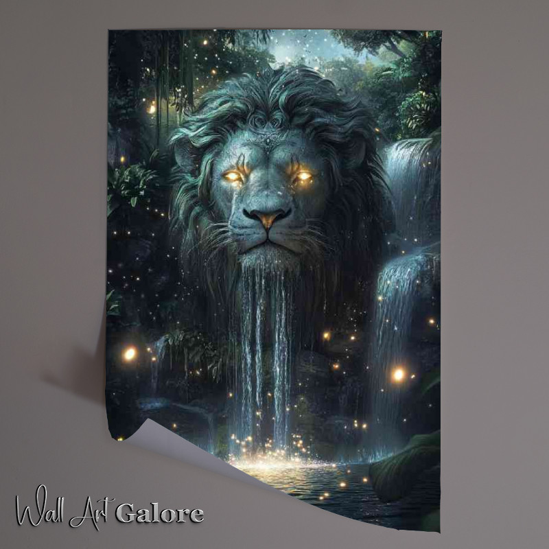 Buy Unframed Poster : (Majestic lion statue with intricate details and glowing eyes)