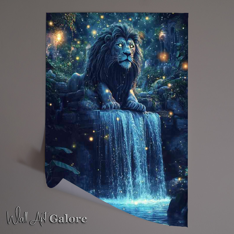 Buy Unframed Poster : (Majestic lion statue with intricate details and waterfall)