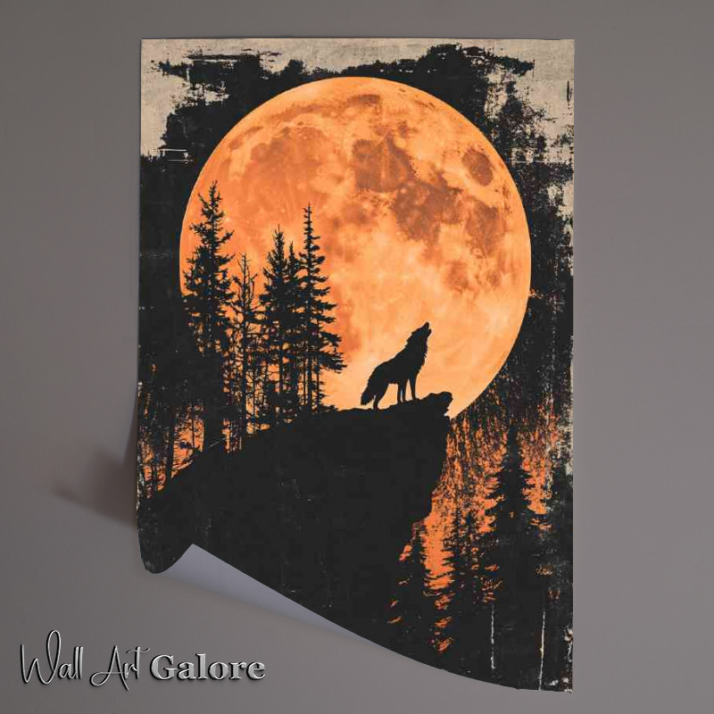 Buy Unframed Poster : (Orange moon setting behind tall trees and howling wolf)