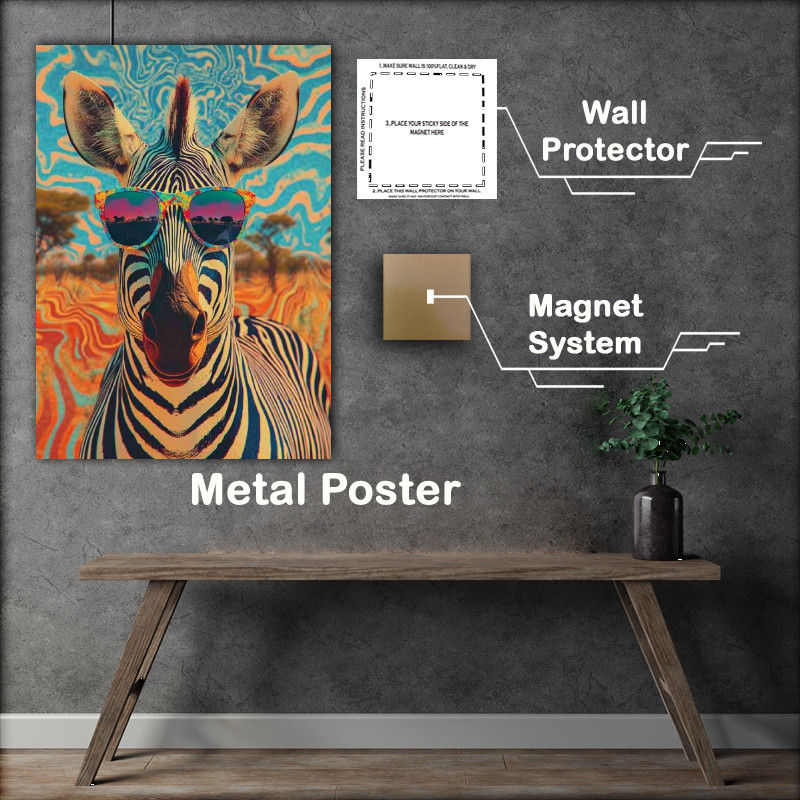 Buy Metal Poster : (Psychedelic zebra wearing sunglasses the background)