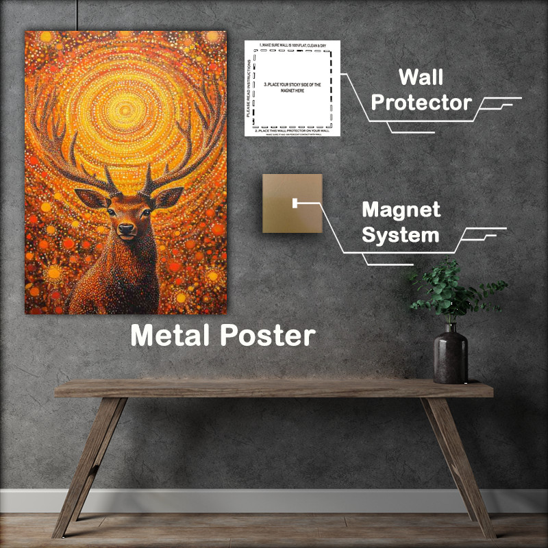 Buy Metal Poster : (Red deer with antlers surrounded by an array of orange circles)