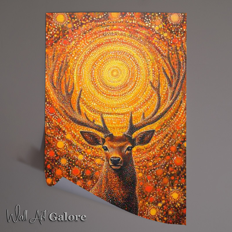 Buy Unframed Poster : (Red deer with antlers surrounded by an array of orange circles)