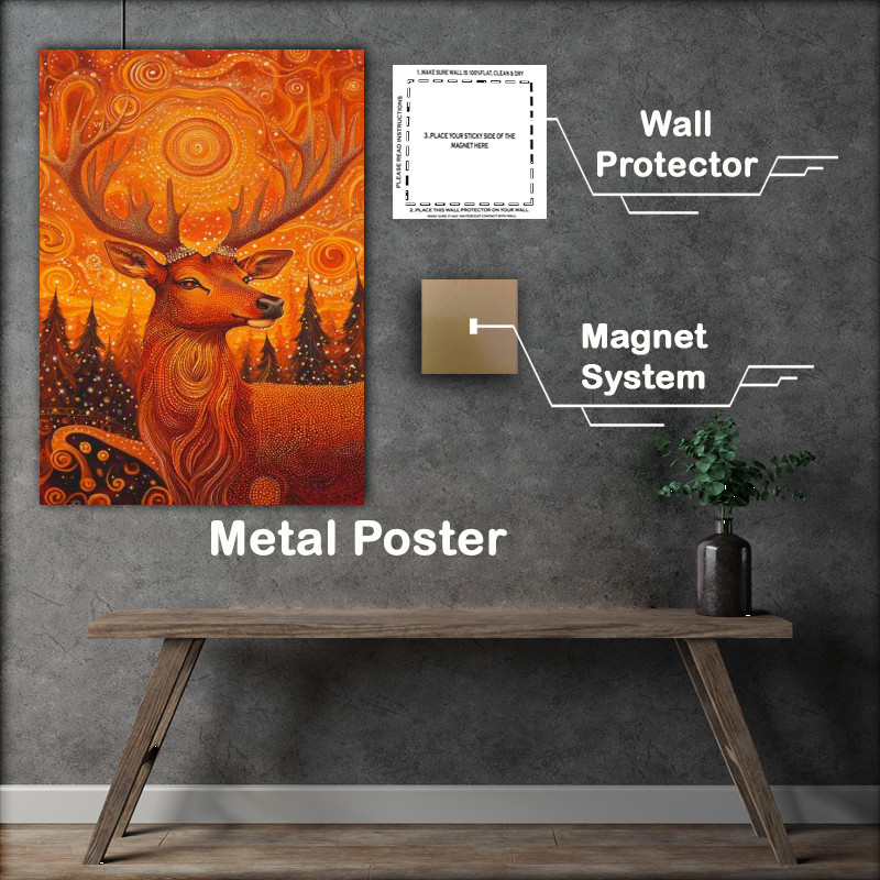 Buy Metal Poster : (Red deer with antlers surrounded by an array of swirls)