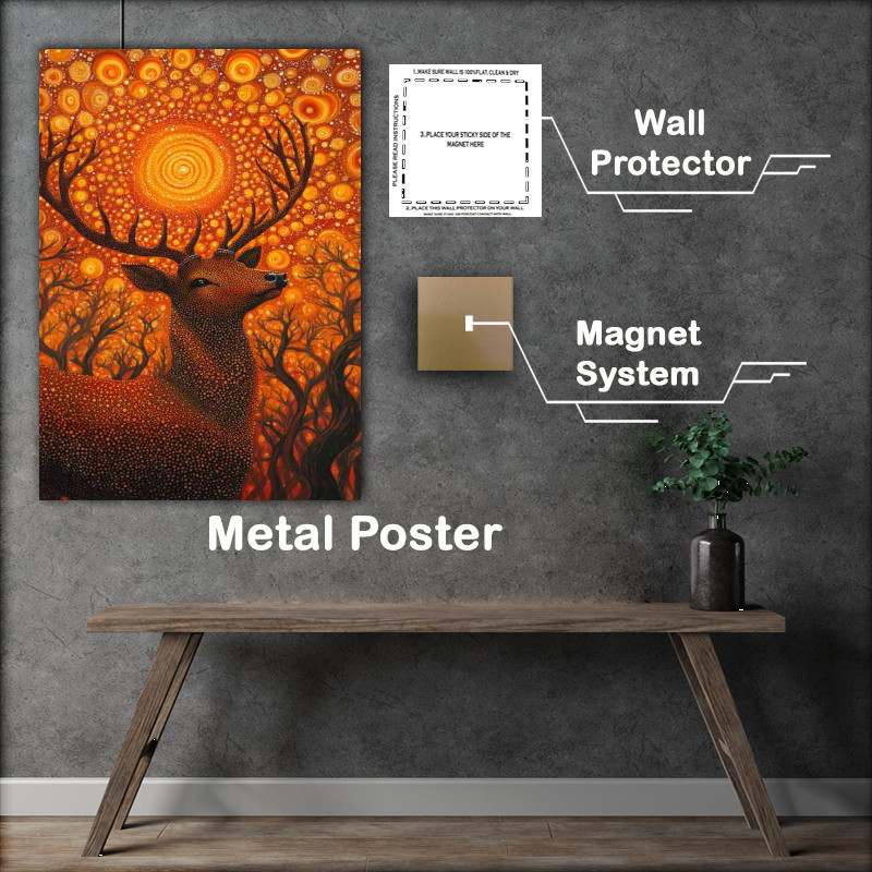 Buy Metal Poster : (Red deer with antlers surrounded by orange dots)