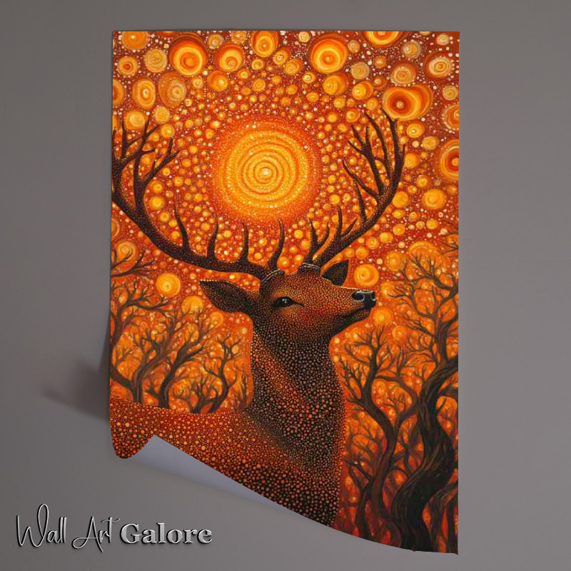 Buy Unframed Poster : (Red deer with antlers surrounded by orange dots)