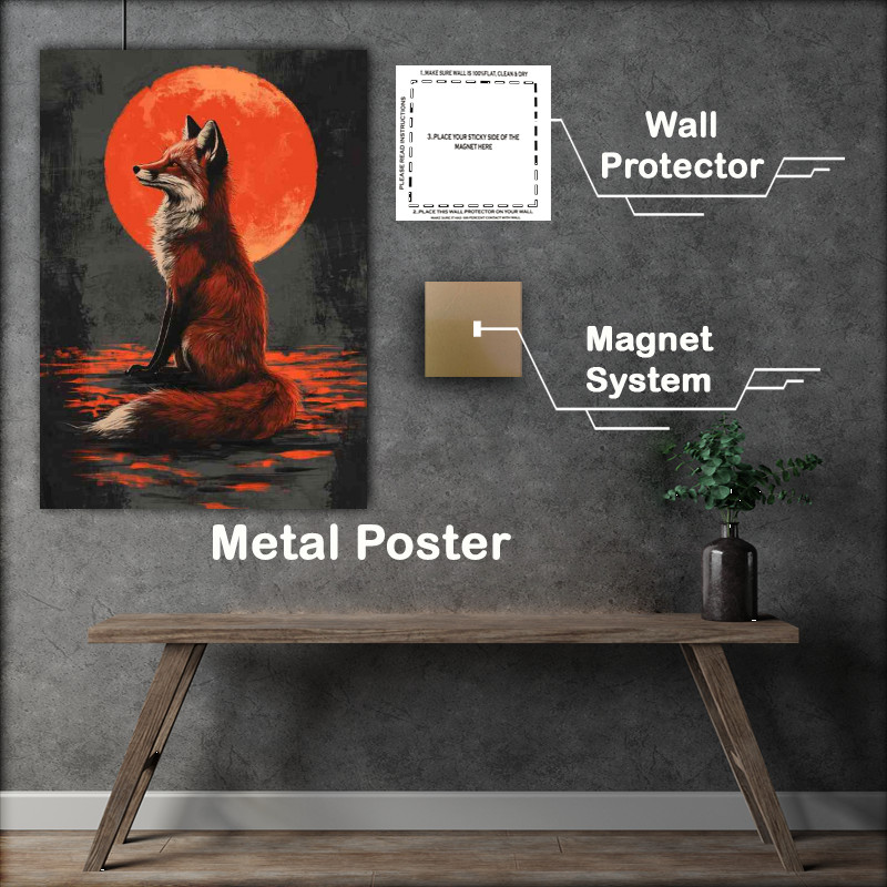 Buy Metal Poster : (Red fox sitting in front of the moon proud)