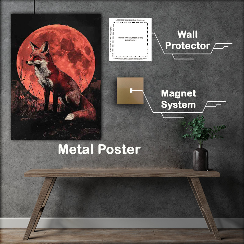Buy Metal Poster : (Red fox stands against a crimson moon)