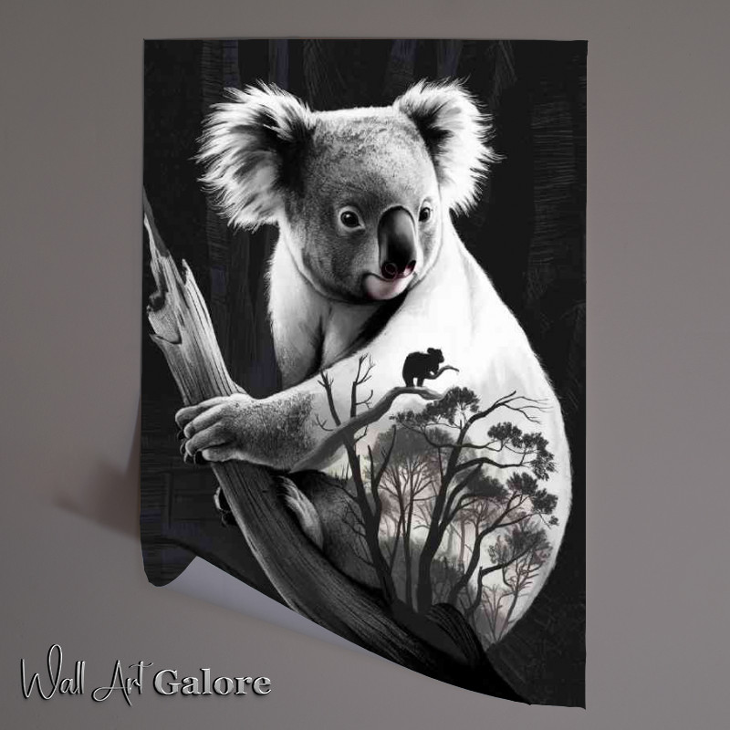 Buy Unframed Poster : (koala bear clinging to a branch greyscale)