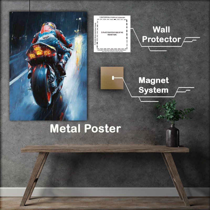 Buy Metal Poster : (A vibrant oil painting of an racing motorbike)
