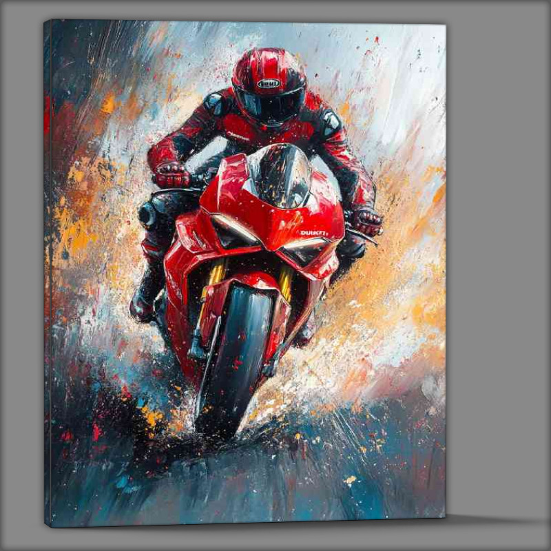 Buy Canvas : (Abstract painting of a Ducati Panigale V4 with a rider racing)