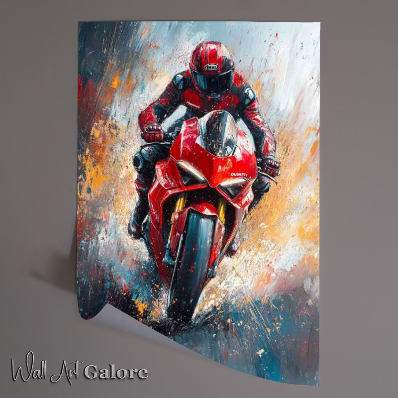 Buy Unframed Poster : (Abstract painting of a Ducati Panigale V4 with a rider racing)