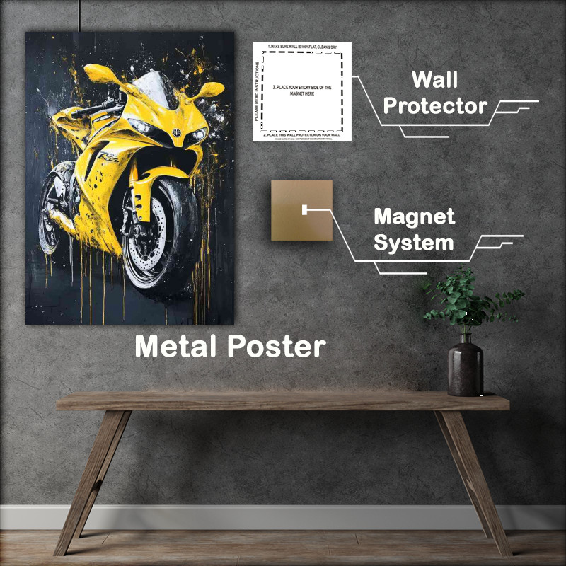 Buy Metal Poster : (Abstract splash painting of a yellow Yamaha R6 sportbike)