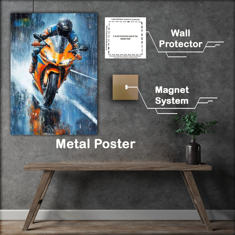 Buy Metal Poster : (Oil painting of pouring rain and bike rider)
