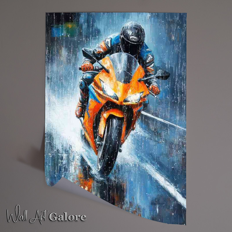 Buy Unframed Poster : (Oil painting of pouring rain and bike rider)