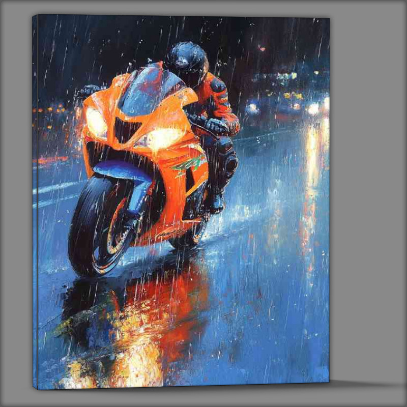Buy Canvas : (Oil painting of pouring rain orange and blue race bike)