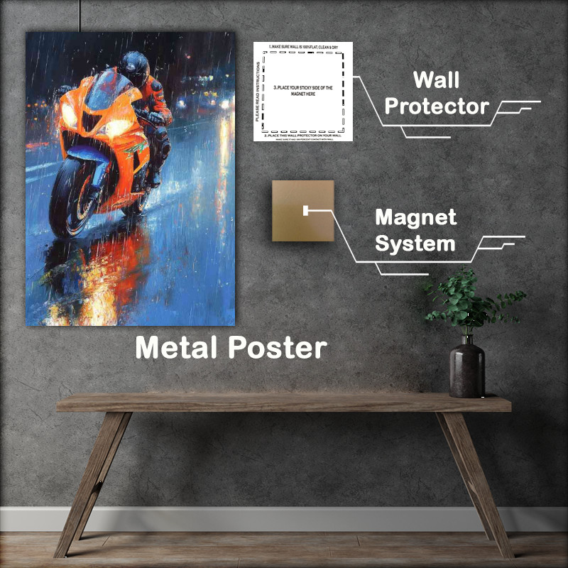 Buy Metal Poster : (Oil painting of pouring rain orange and blue race bike)