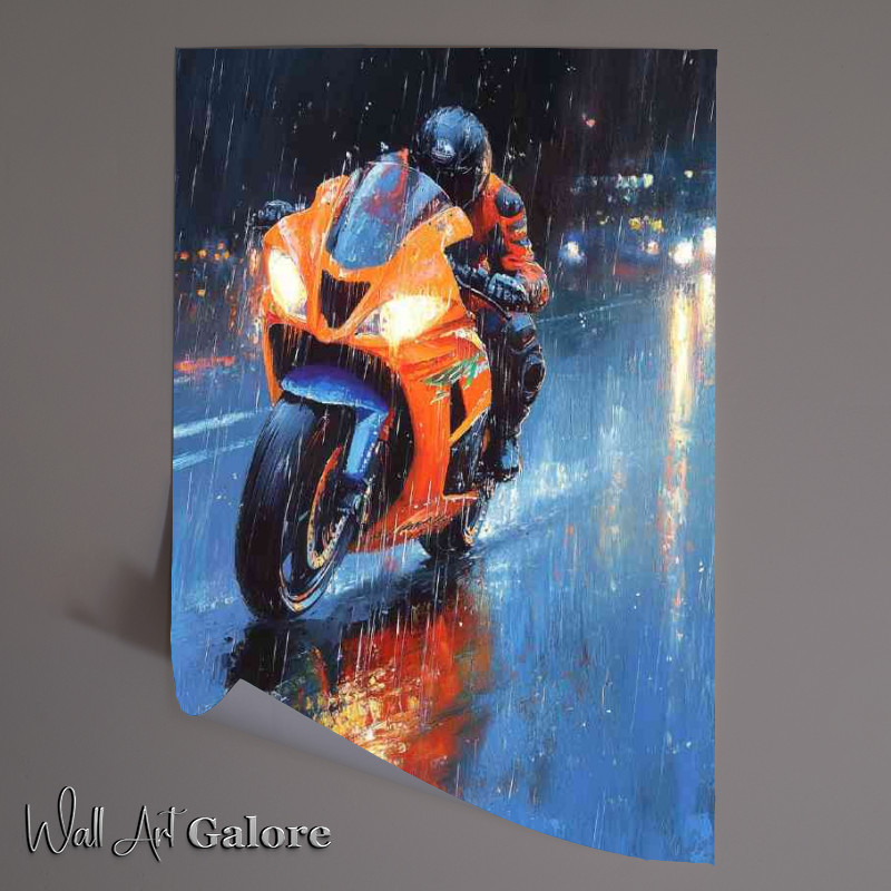 Buy Unframed Poster : (Oil painting of pouring rain orange and blue race bike)