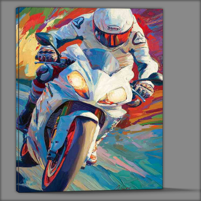 Buy Canvas : (Racing motorbike rider in white suit)
