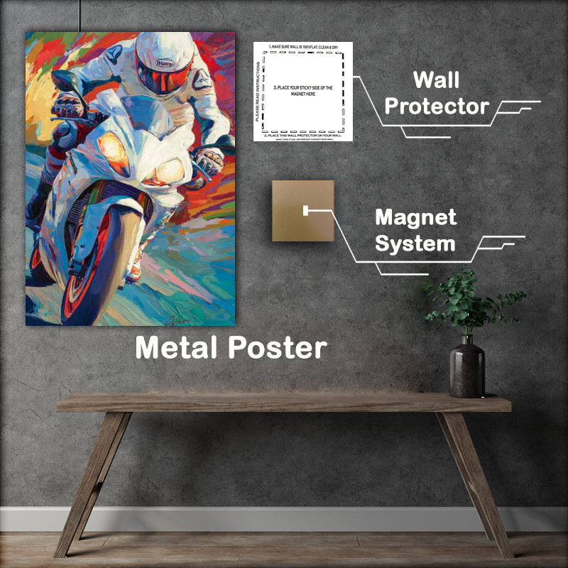 Buy Metal Poster : (Racing motorbike rider in white suit)