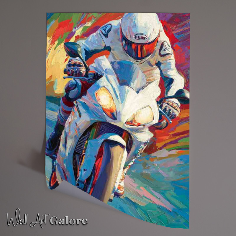 Buy Unframed Poster : (Racing motorbike rider in white suit)