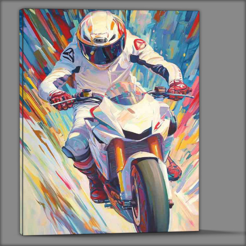 Buy Canvas : (Racing motorbike rider in white suit dynamic pose)