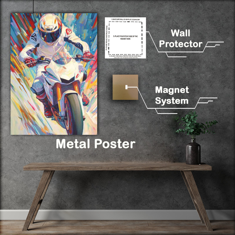 Buy Metal Poster : (Racing motorbike rider in white suit dynamic pose)