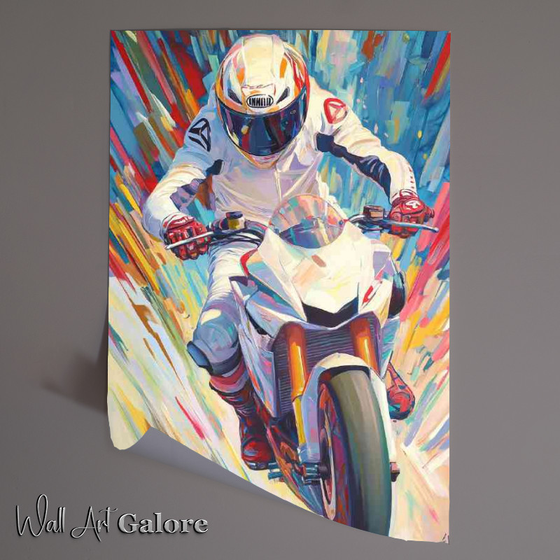 Buy Unframed Poster : (Racing motorbike rider in white suit dynamic pose)