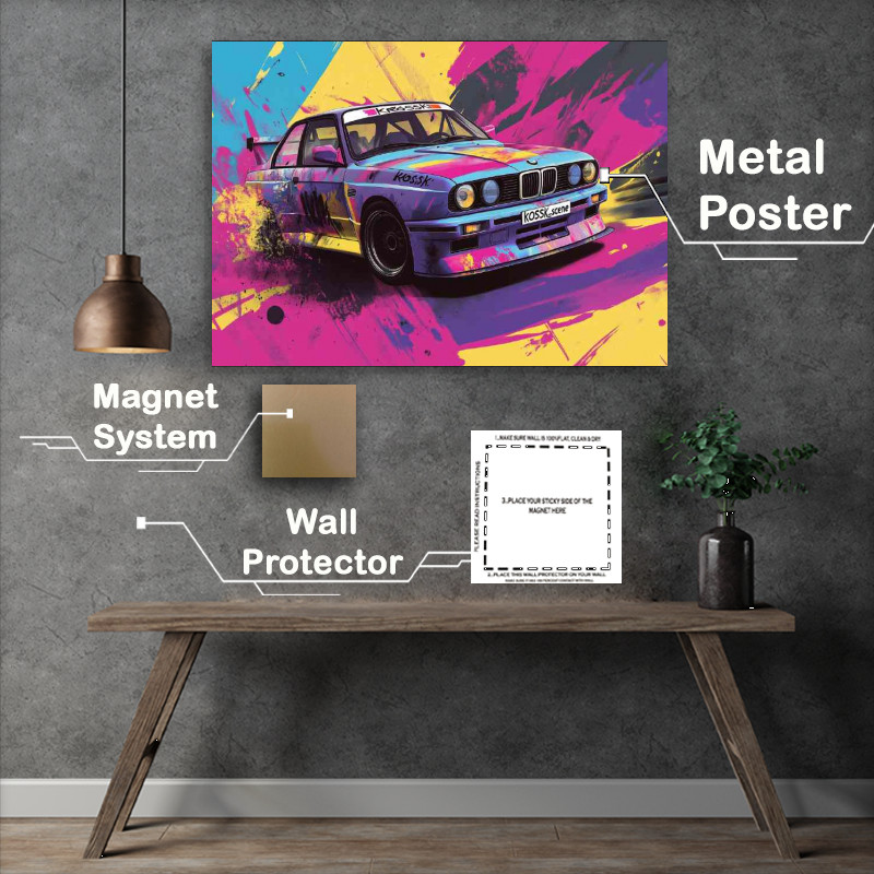 Buy Metal Poster : (BMW M3 E9 in the style of an old school racing car splash art)