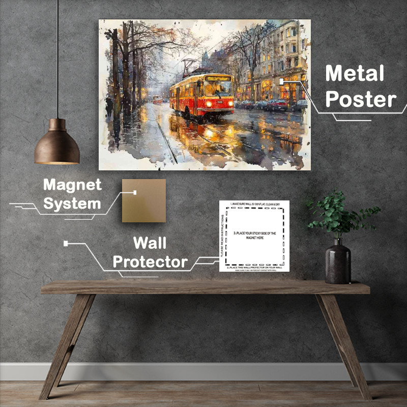 Buy Metal Poster : (Whimsical Watercolour photorealistic old school tram)