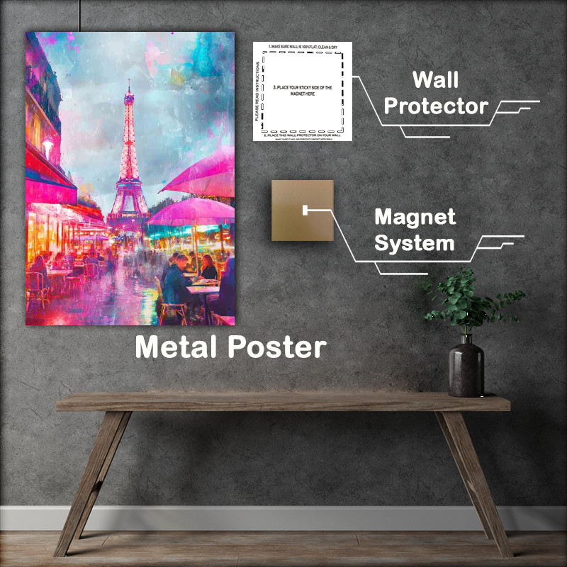 Buy Metal Poster : (A painting of the Eiffel Tower in Paris with people pinks)
