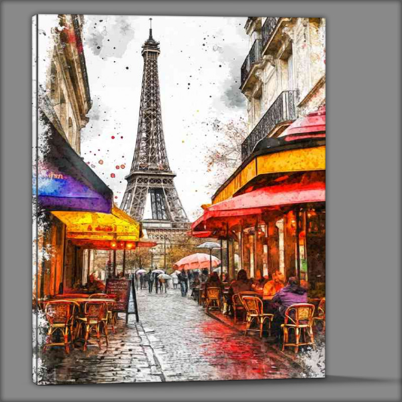 Buy Canvas : (Paris the Eiffel Tower in the background a cafe splatter art)