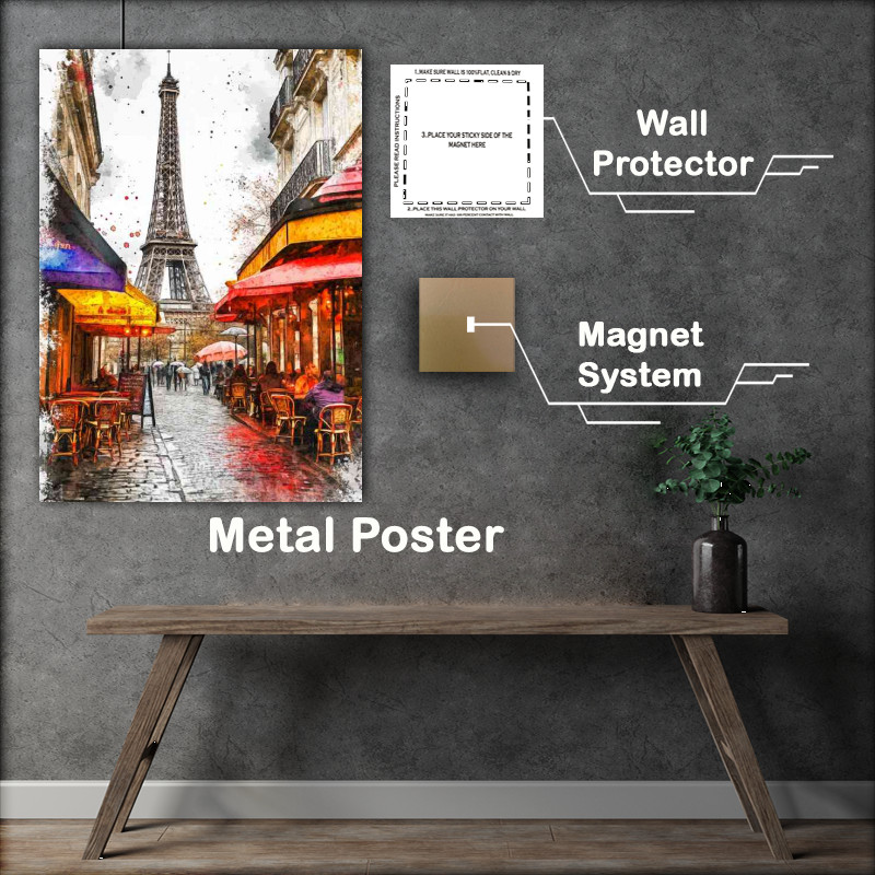 Buy Metal Poster : (Paris the Eiffel Tower in the background a cafe splatter art)