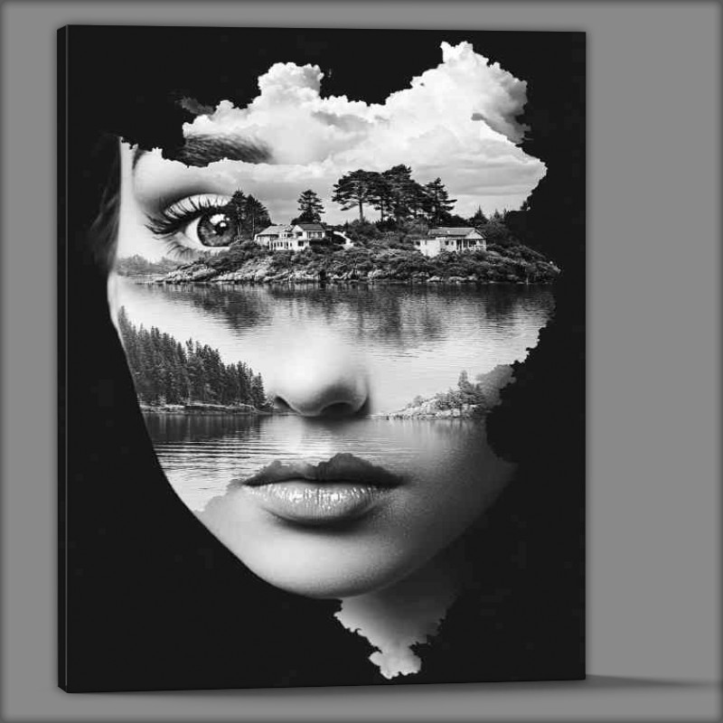 Buy Canvas : (A beautiful womans face is reflected in the black lake)