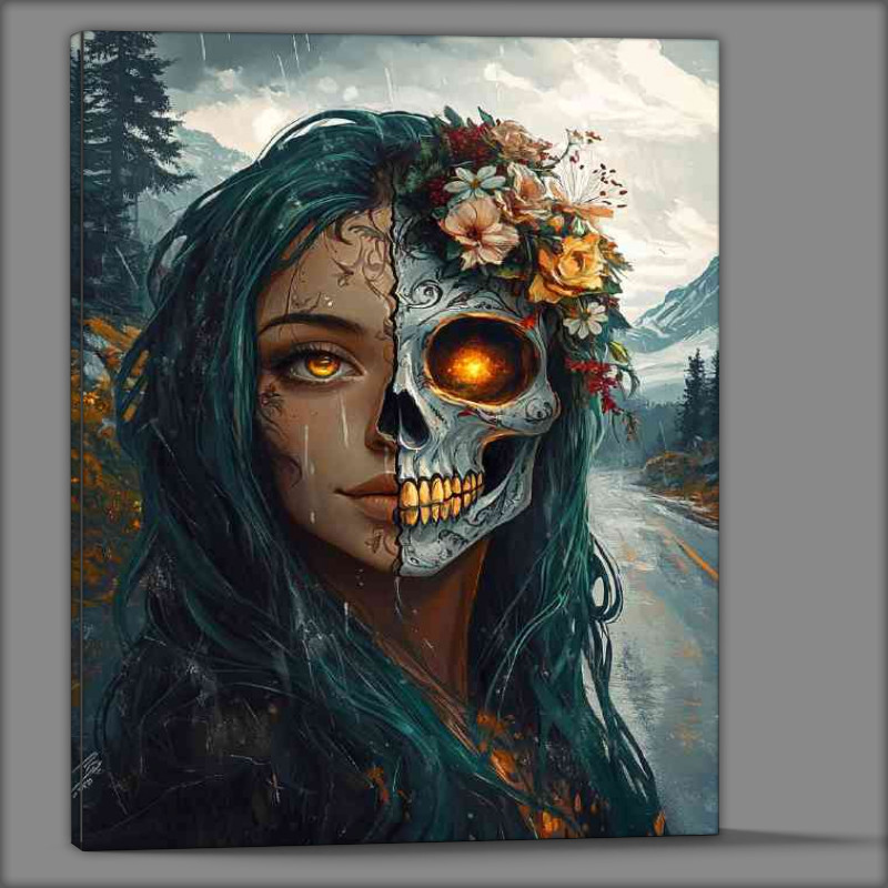 Buy Canvas : (Woman with half of the face as a skull day of dead)